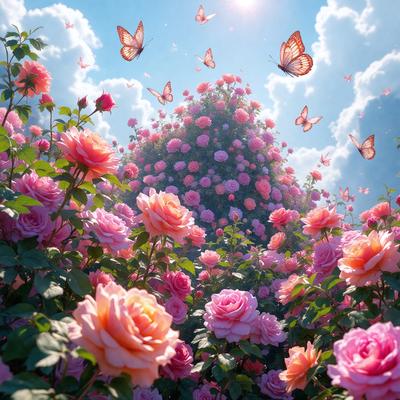 Primary subject: A beautiful garden filled with pink flowers and butterflies.

Setting/background: The garden is set against a blue sky, creating a serene and picturesque atmosphere.

Visual style: The image is a digital artwork, featuring a vibrant and lush garden scene.

Colors and mood: The dominant colors are pink and purple, creating a warm and inviting mood. The presence of butterflies adds a sense of tranquility and natural beauty to